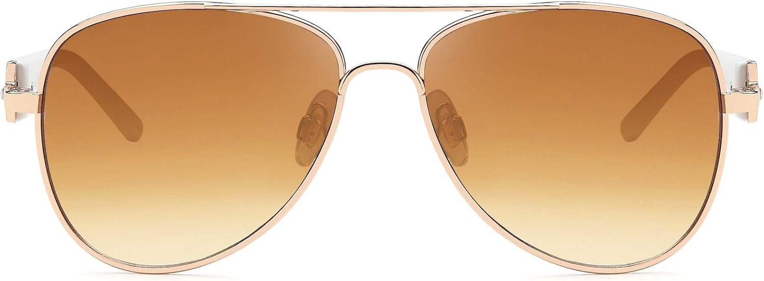 Lunettes de pilote pour femmes avec verres teintés, lunettes de soleil avec branches laquées et strass 09020053 Monture Dorée-blanche / Verre Dégradé Marron