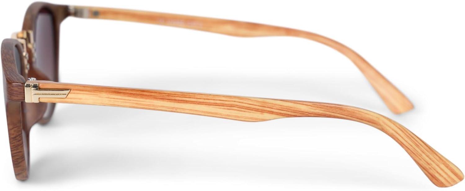 Lunettes de soleil pour femmes en bois avec verres ronds, pont en métal, monture en plastique pleine 09020083 Monture Marron-dorée / Verre Marron Evolution