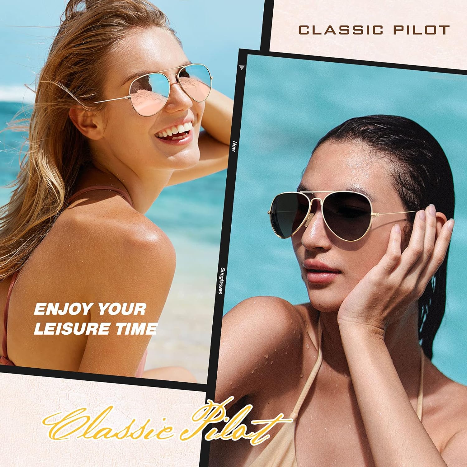 Lunettes de Soleil Homme Femme Classiques Léger Aviateur Pilote Polarisées Miroir Métal UV400 Protection pour Conduite 58mm Monture Dorée Lentille Miroir Rose