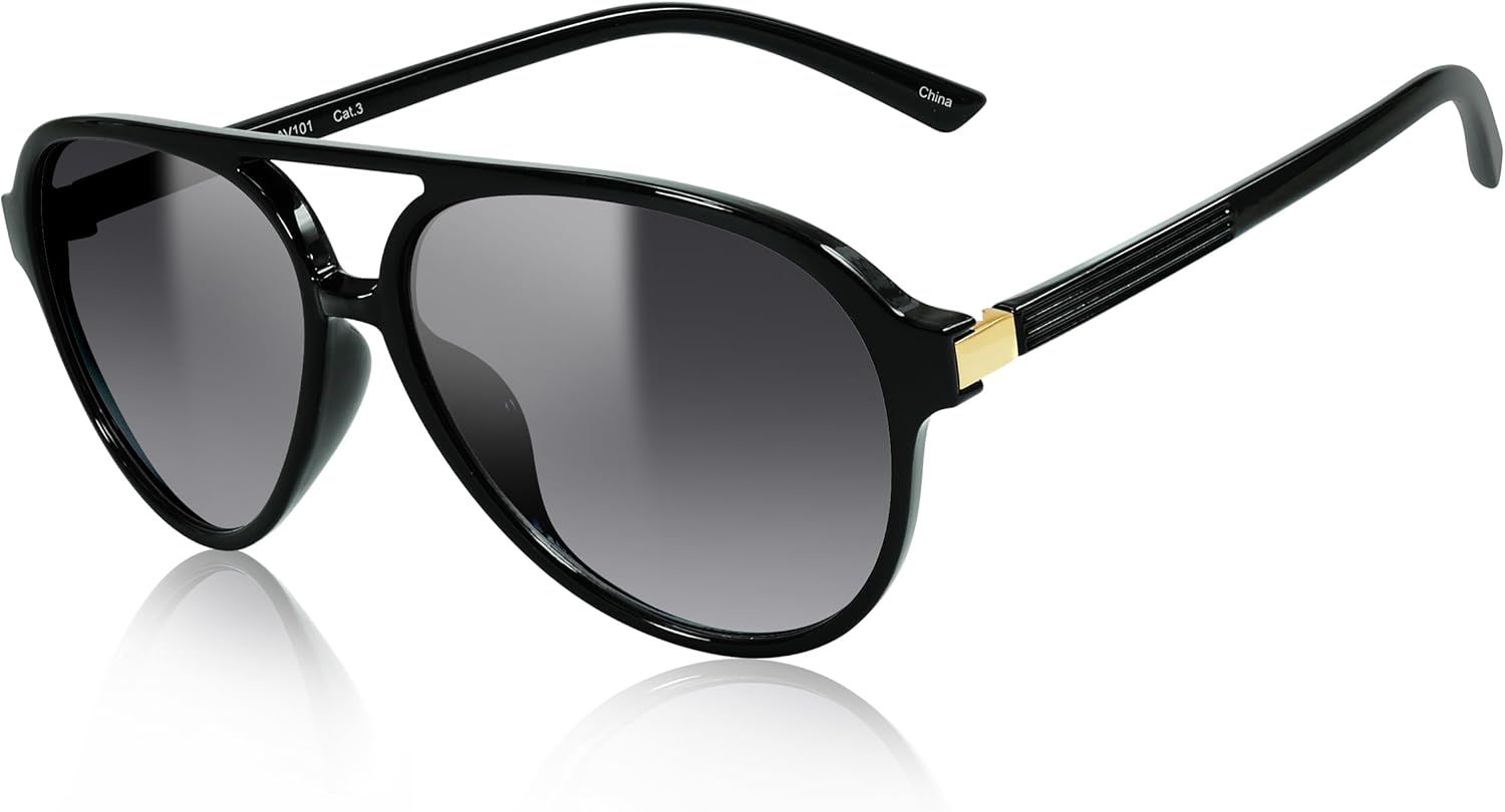 Pilot Lunettes de soleil – Classic Double Bridge, détails métalliques élégants, protection UV400 Noir Brillant/Gris Dégradé