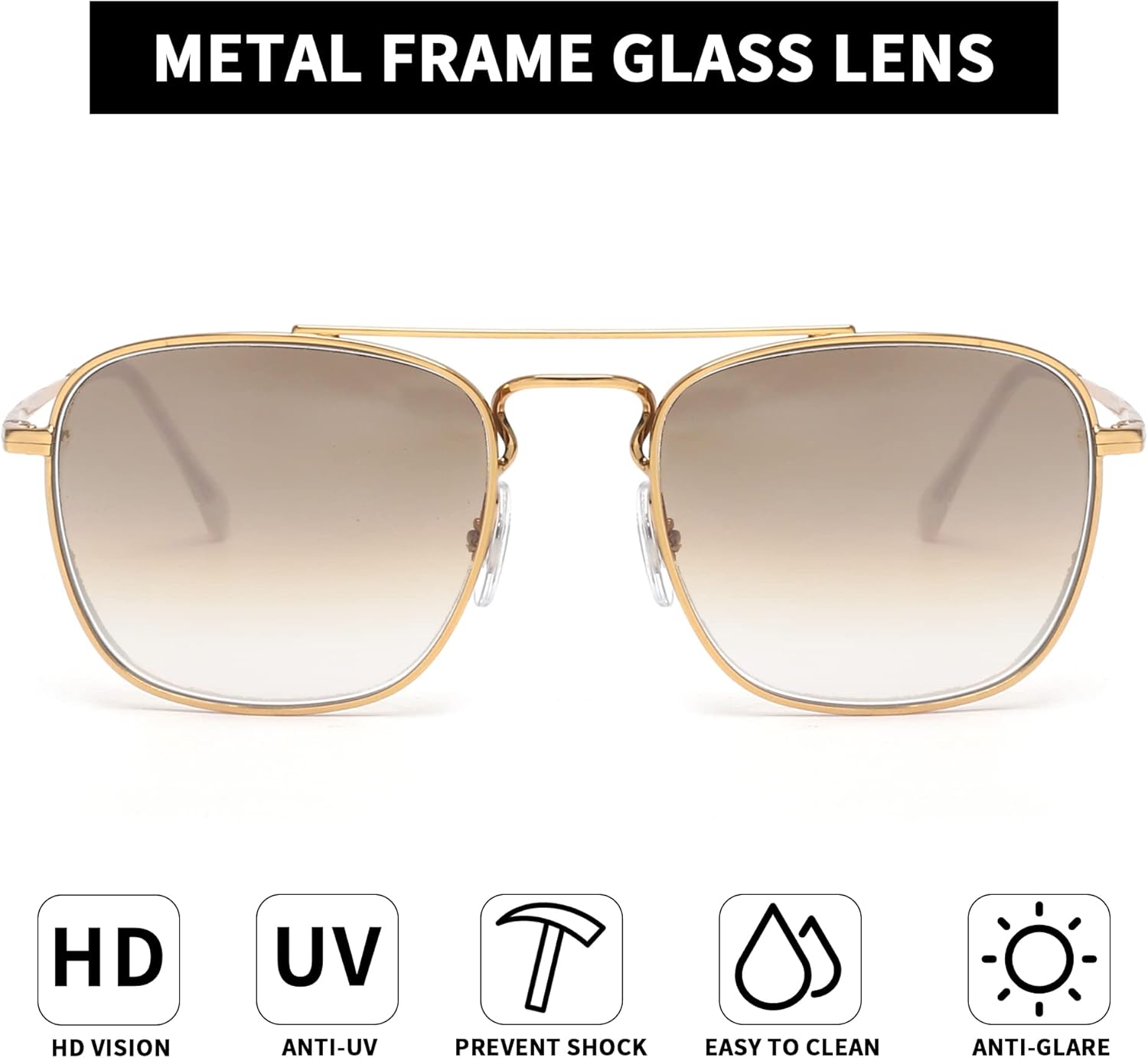 Rétro Carré Aviateur Lunettes de Soleil Premium Verre Lentille Plat Métal Lunette Solaire Hommes Femmes Monture Dorée / Lentille Marron Clair Dégradé