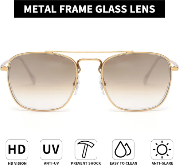 Rétro Carré Aviateur Lunettes de Soleil Premium Verre Lentille Plat Métal Lunette Solaire Hommes Femmes Monture Dorée / Lentille Marron Clair Dégradé