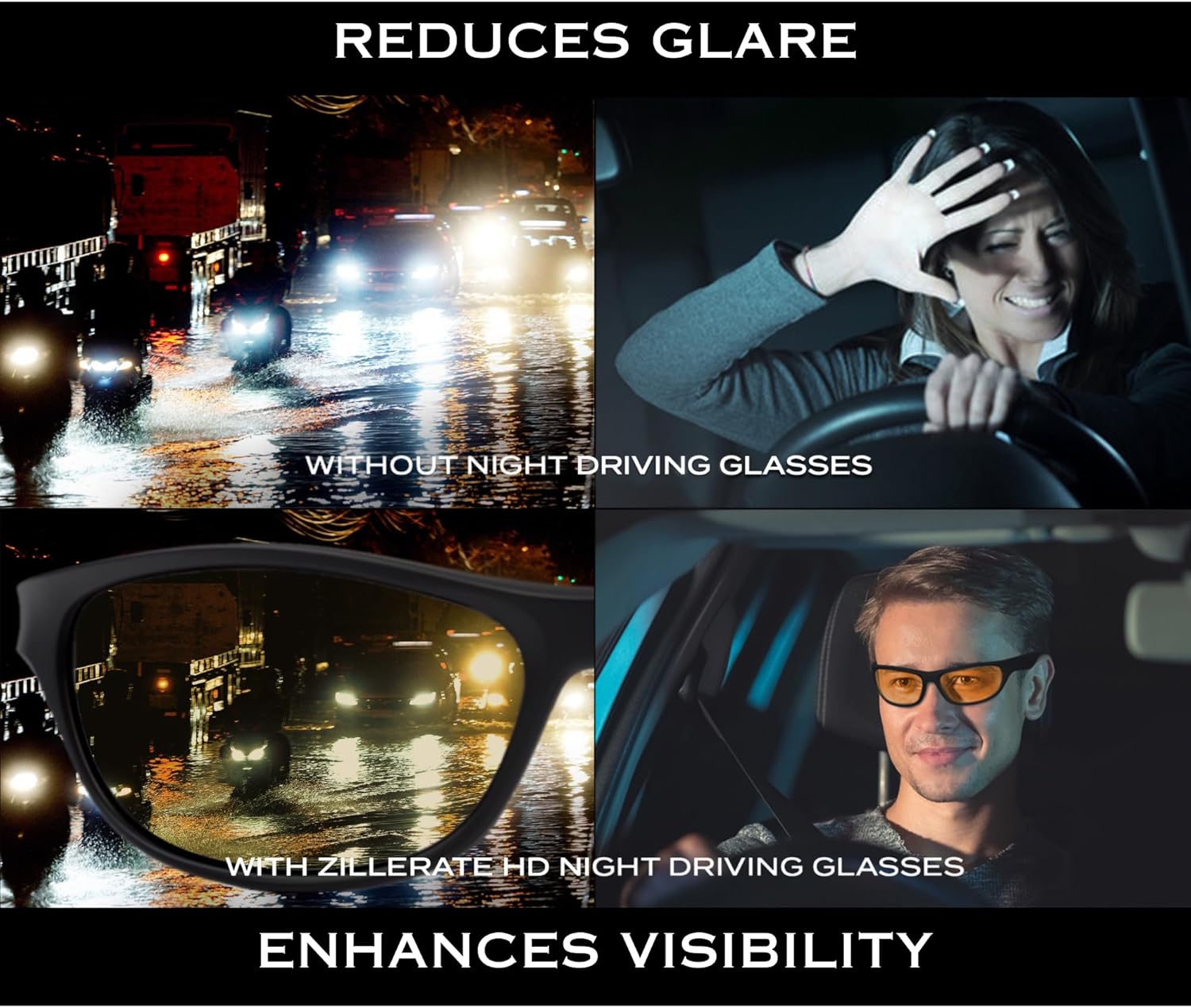 ZILLERATE LUNETTES DE CONDUITE DE NUIT homme et femme, Verres polarisés anti-éblouissement pour vision nocturne, Verres HD tintés en jaune, Confortables et légères, Avec étui