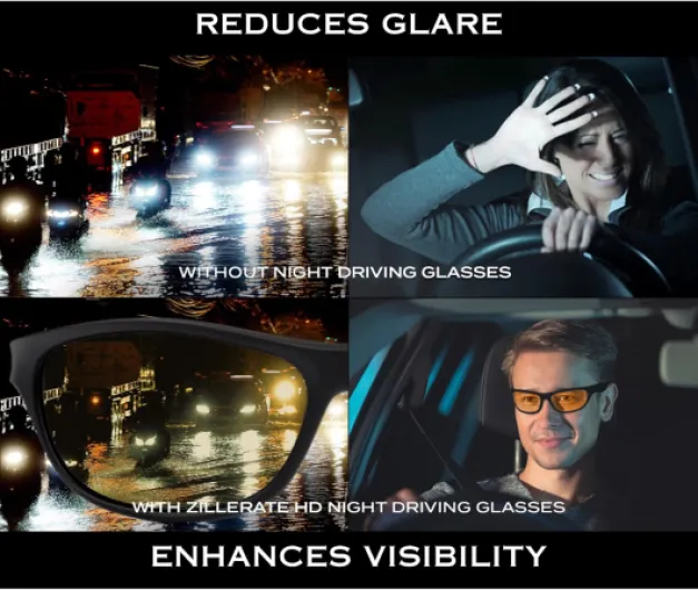 ZILLERATE LUNETTES DE CONDUITE DE NUIT homme et femme, Verres polarisés anti-éblouissement pour vision nocturne, Verres HD tintés en jaune, Confortables et légères, Avec étui