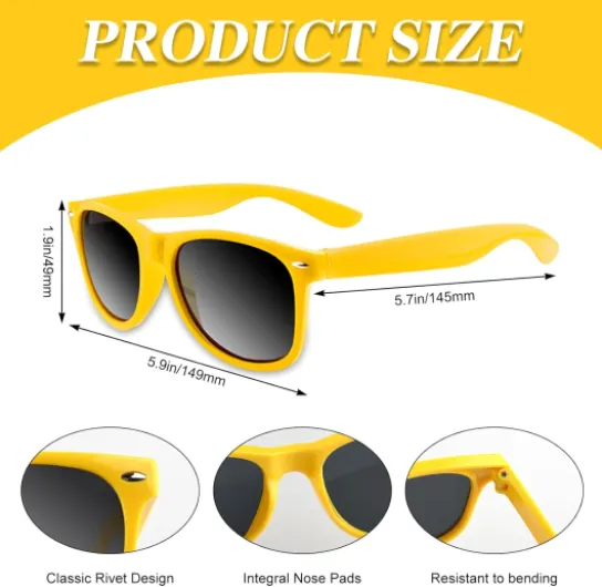 Lot de 20 paires de lunettes de soleil colorées pour mariage, plage, été, piscine, fête Jaune 5.7 Pouces
