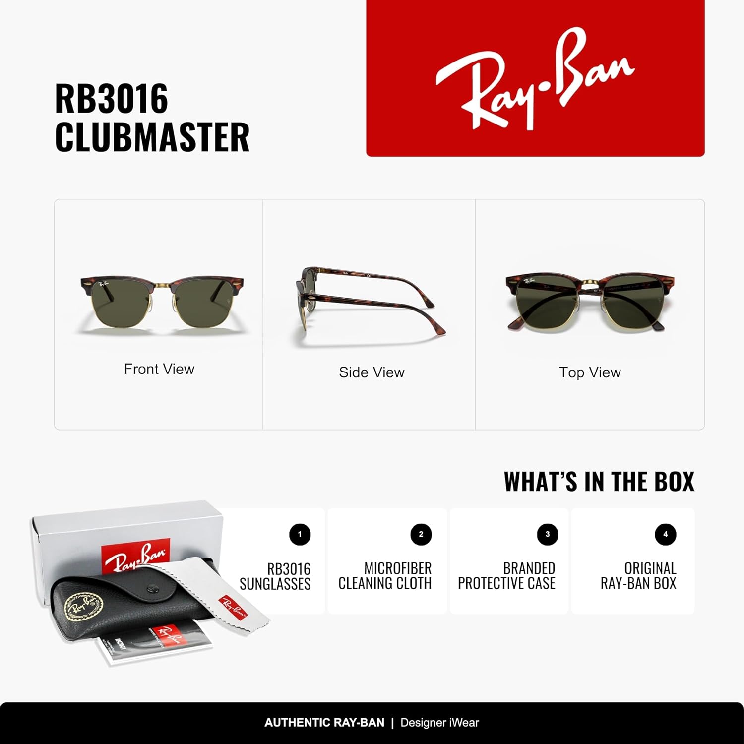 Ray-Ban RB3016 CLUBMASTER MOCK TORTOISE-ARISTA/CRYSTAL GREEN (W0366) - 55mm