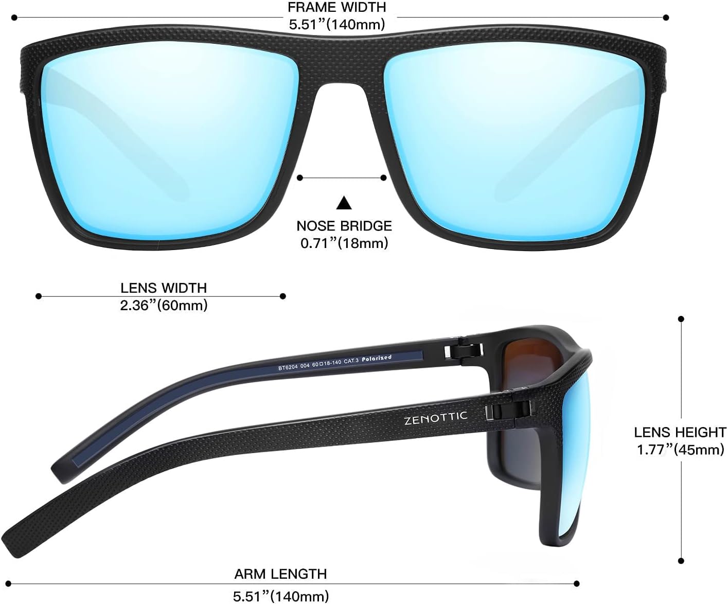 Lunettes de soleil polarisées pour homme léger TR90 cadre UV400 protection carré lunettes de soleil C04 Cadre Noir / Lentille Miroir Bleue