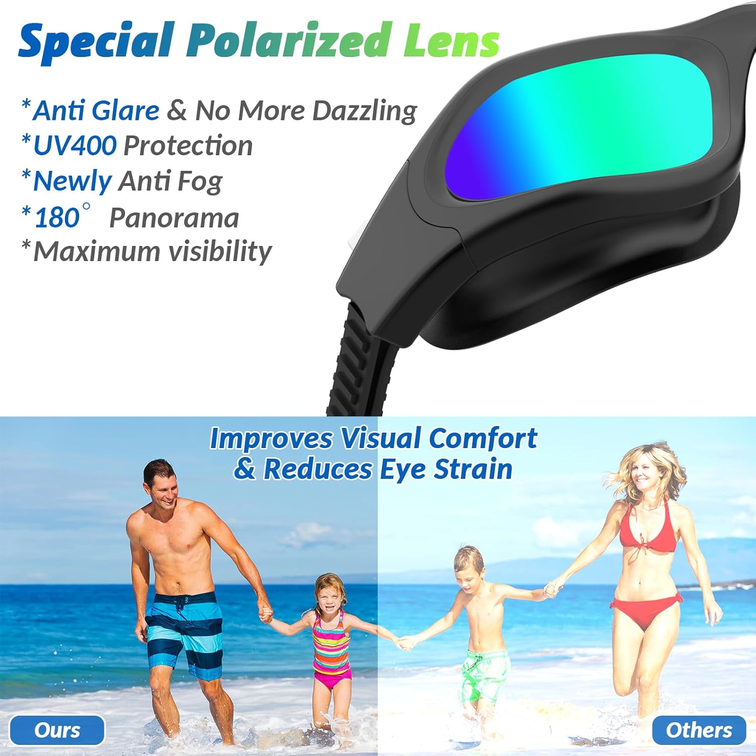 Lunettes de natation polarisées/non polarisées antibuée protection UV anti fuite silicone souple vision claire faciles à ajuster pour hommes femmes adultes et adolescents Tout Noir/Verre Miroir Doré Polarisé