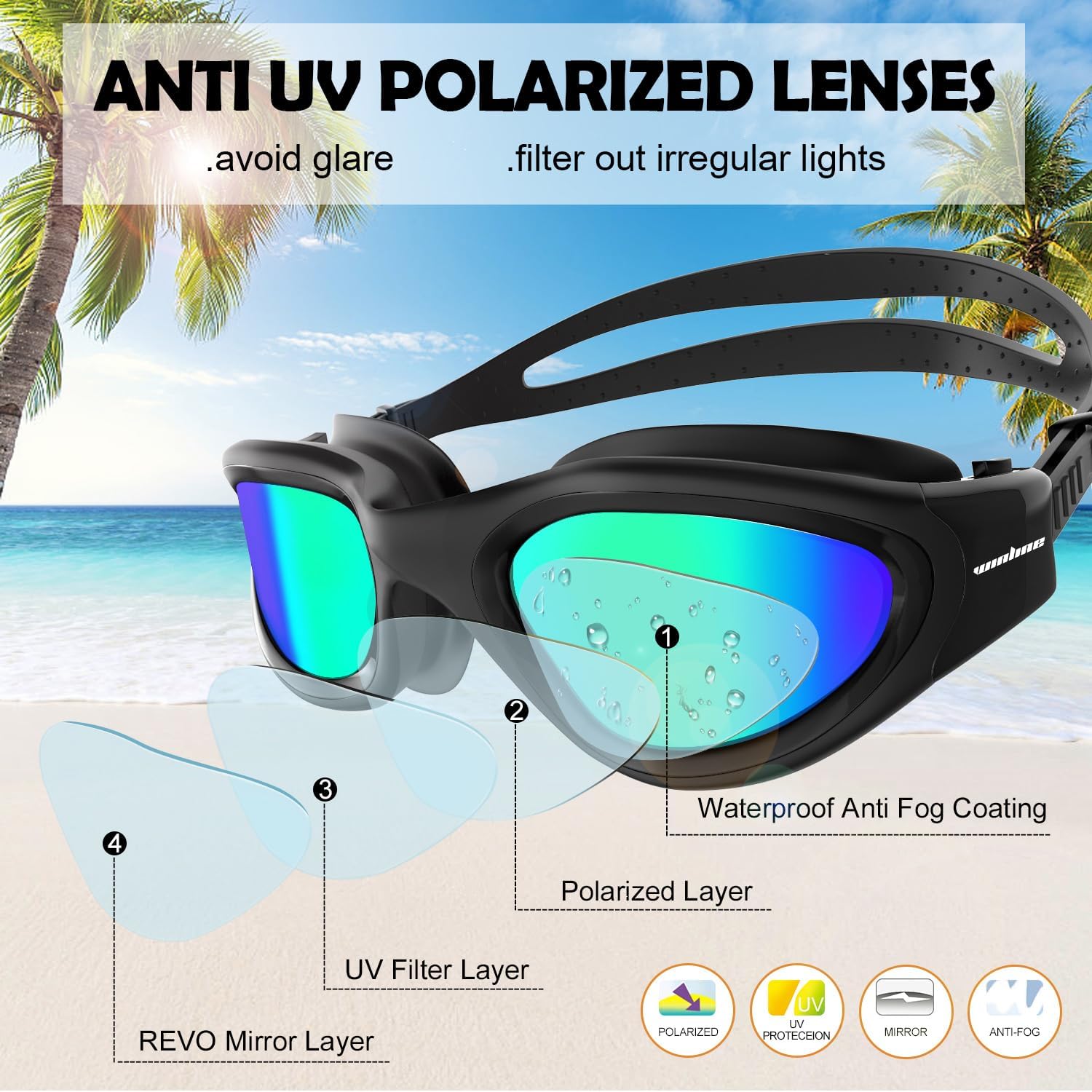 Lunettes de natation à verres polarisés, Anti buée Anti UV Étanches Vision nette Réglage facile Pont souple, pour Hommes Femmes Adultes Adolescents Noir total-Polarisé-Miroir-Or
