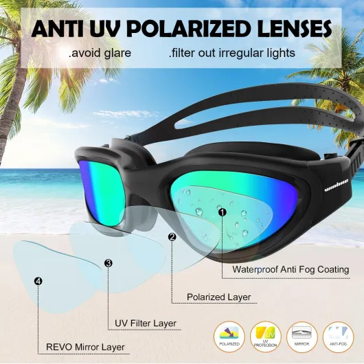 Lunettes de natation à verres polarisés, Anti buée Anti UV Étanches Vision nette Réglage facile Pont souple, pour Hommes Femmes Adultes Adolescents Noir total-Polarisé-Miroir-Or